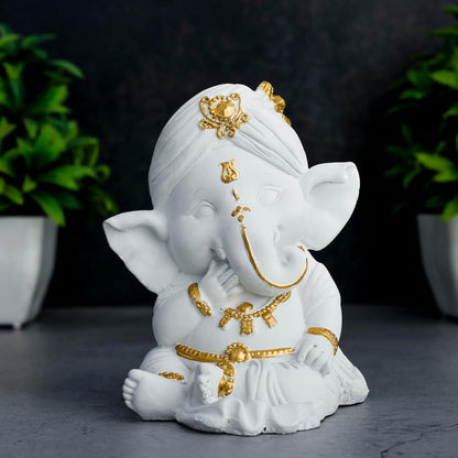 Ganesh ji murti Idol Statue Showpiece Home Decor Items for Living Room and Gifts (White Golden)