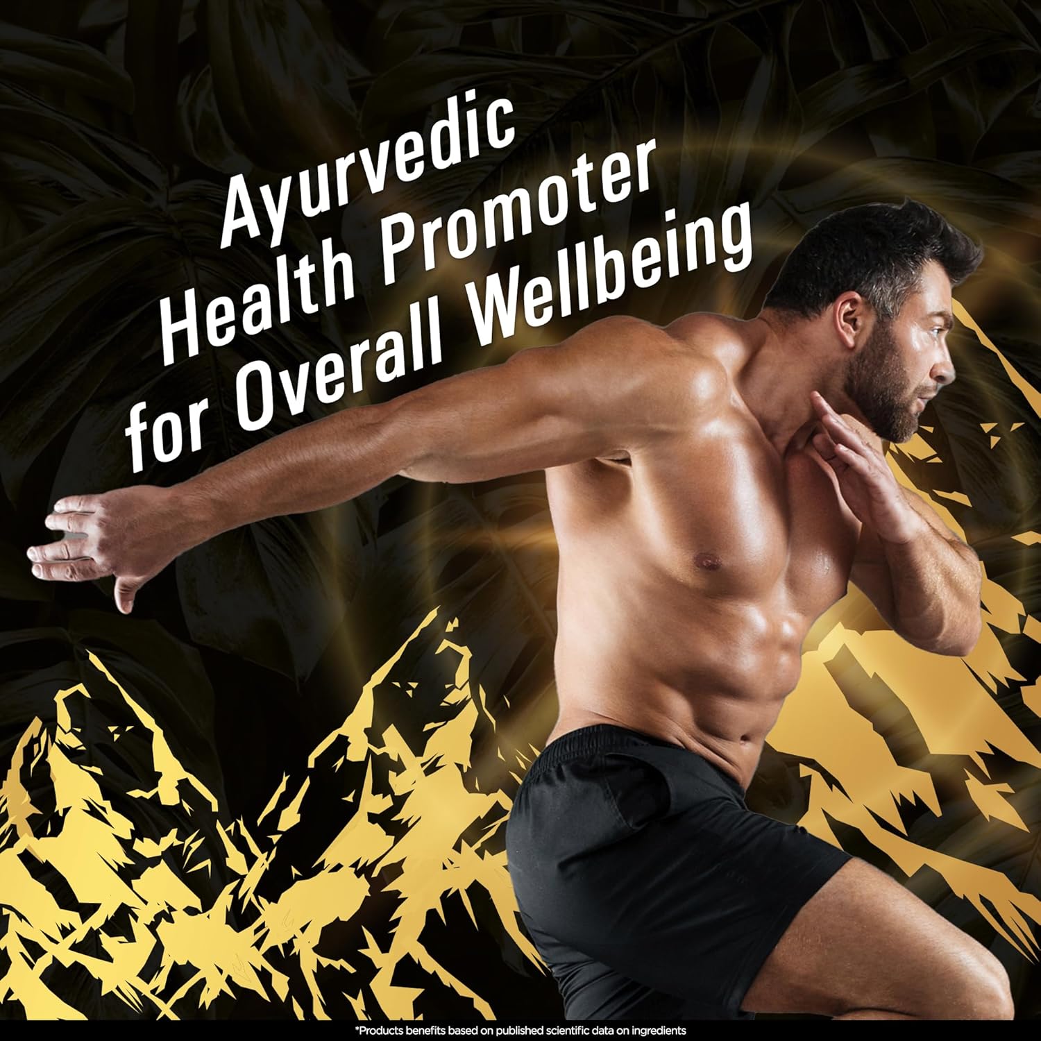 Man in athletic pose with text about Ayurvedic health promotion on a dark background