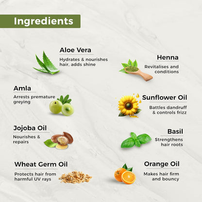 List of hair care product ingredients with corresponding images and descriptions on a light background