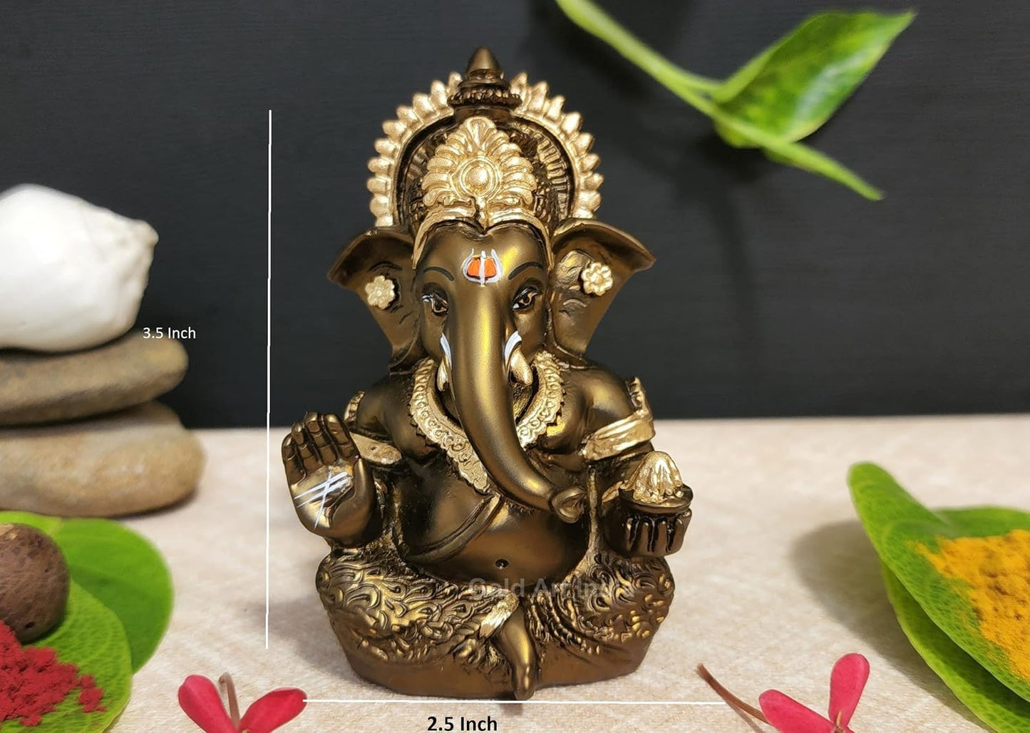 Gold Art India Handcrafted French Brown Mukut Ganesha Idol (3.5") - Perfect for Car Dashboard, Home or Office Decor and Gifting, Idol