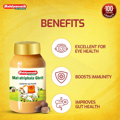 Baidyanath Mahatrophala Ghrit bottle with benefits on a yellow background