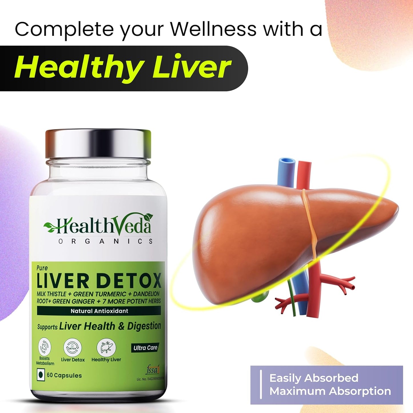 Health Veda Organics Plant Based Liver Detox with Milk Thistle, Green Turmeric, Ginger Powder | Liver Detox Supplement for Healthy Liver, Helps in Cleanse Liver Natural Fatty Liver Support - 60 Vegetarian Capsules