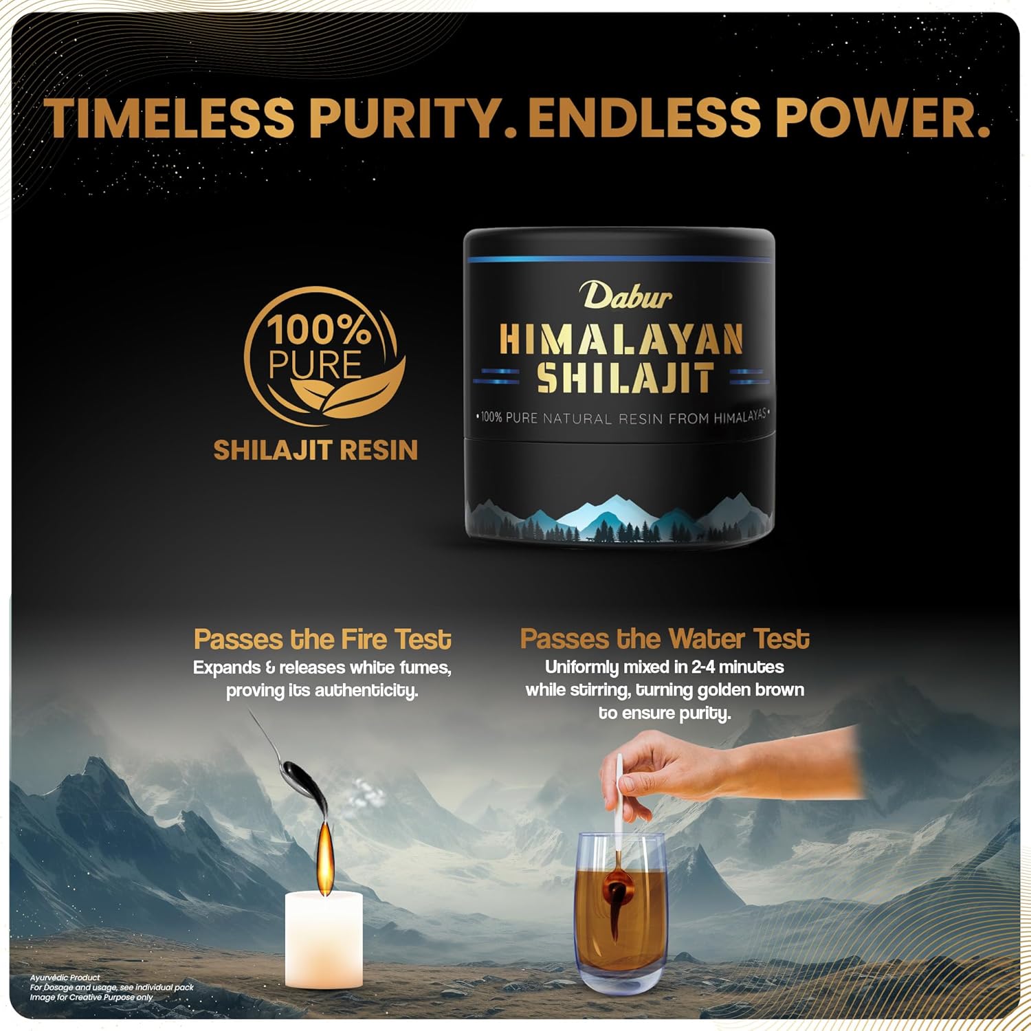 Dabur Himalayan Shilajit product with mountain landscape background and text about purity and power.