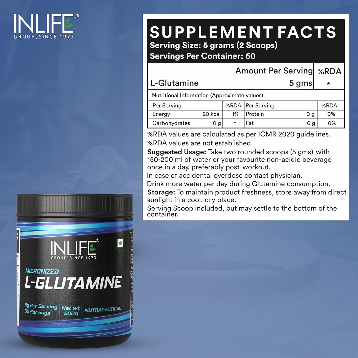 INLIFE L Glutamine Powder 5000mg | L Glutamine Supplement for Men - Unflavoured - 60 SERVINGS - 300g