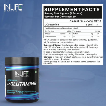 INLIFE L Glutamine Powder 5000mg | L Glutamine Supplement for Men - Unflavoured - 60 SERVINGS - 300g
