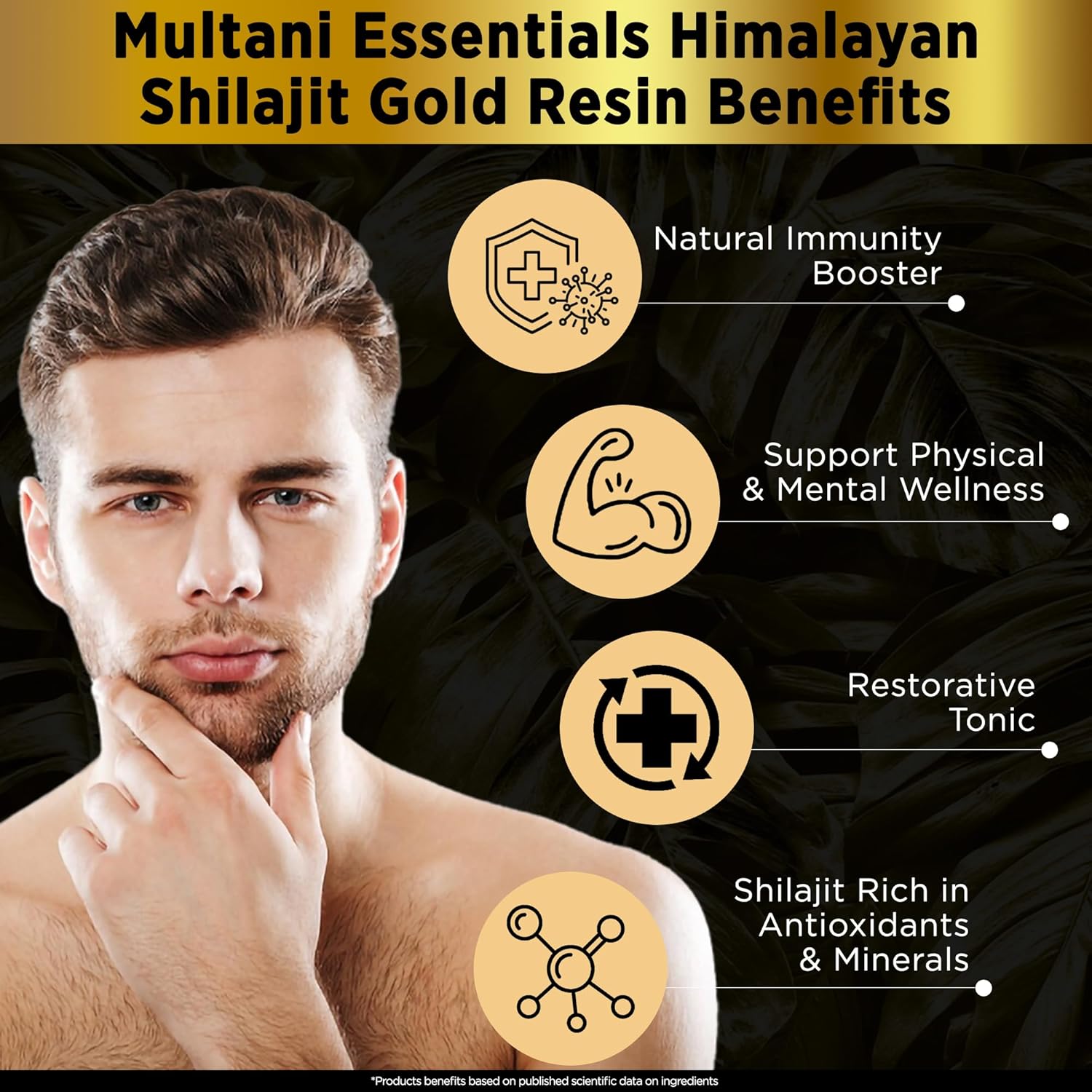 Man with a beard and mustache looking thoughtful, with text about Multani Essentials Himalayan Shilajit Gold Resin Benefits.