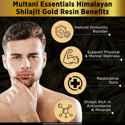 Man with a beard and mustache looking thoughtful, with text about Multani Essentials Himalayan Shilajit Gold Resin Benefits.