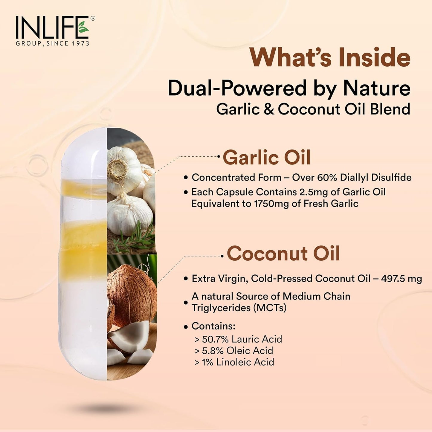 INLIFE Natural Garlic Oil with Coconut Oil Filled Capsules | Extra Virgin Cold Pressed Oil | Helps Support Heart Health, Immunity & Digestion | 60 Vegetarian Capsules