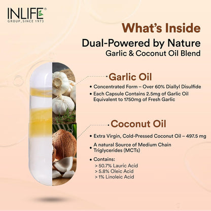 INLIFE Natural Garlic Oil with Coconut Oil Filled Capsules | Extra Virgin Cold Pressed Oil | Helps Support Heart Health, Immunity & Digestion | 60 Vegetarian Capsules