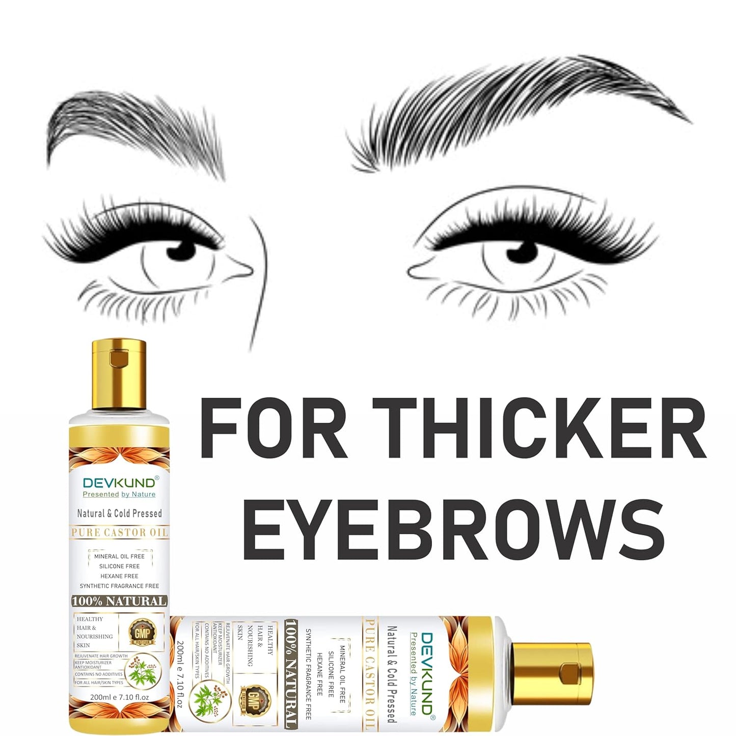 Devkund eyebrow product with eyes and eyebrows illustration on a white background