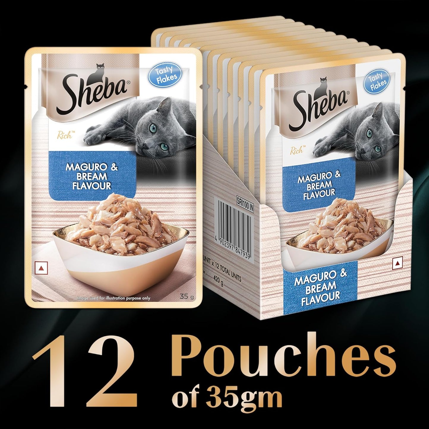 Sheba Rich Premium Adult (1+ Years) Wet Cat Food, Maguro & Bream Flavour, 35 g Pouch (Pack of 12), High-moisture wet food for healthy hydration
