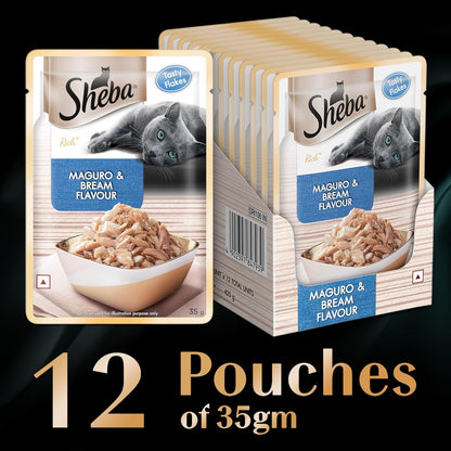 Sheba Rich Premium Adult (1+ Years) Wet Cat Food, Maguro & Bream Flavour, 35 g Pouch (Pack of 12), High-moisture wet food for healthy hydration