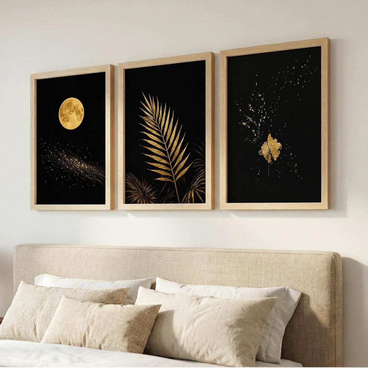 Set of 3 Moon & Golden Palm Leaf Wall Art Paintings for Living Room | Modern Luxury Black Gold Wall Decor | Framed Wall Paintings for Bedroom, Hall, Office & Home Decoration (13x19 Inches)