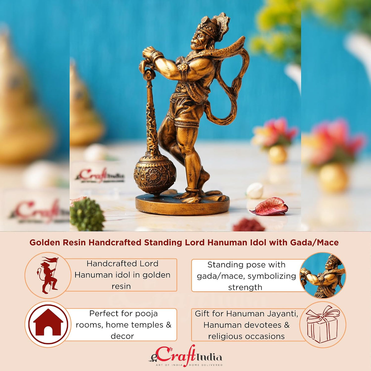 Golden Resin Hanuman Ji Murti with Gada | Lord Hanuman Idol for Car Dashboard Home Office Hanuman Statue Hanuman Murti Gift for Diwali Hanuman Jayanti Ram Navami Housewarming Birthday