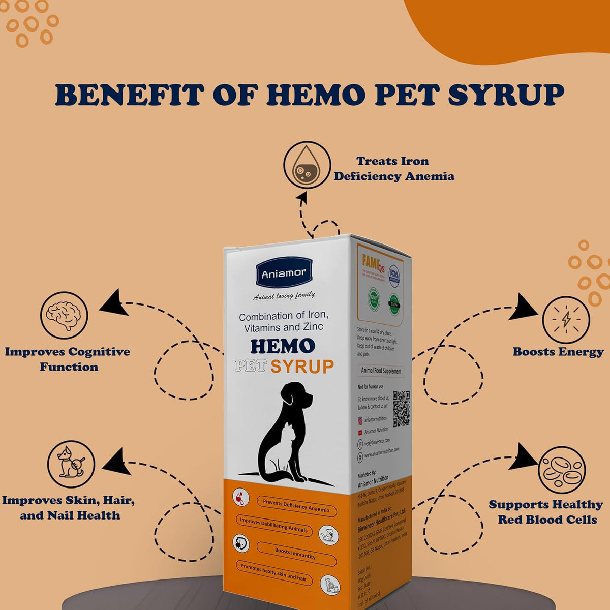 Aniamor Hemo Pet Syrup for Dogs and Cats|Iron Syrup|Iron Syrup|Pets Supplement|All Life Stage|200ml Bottle