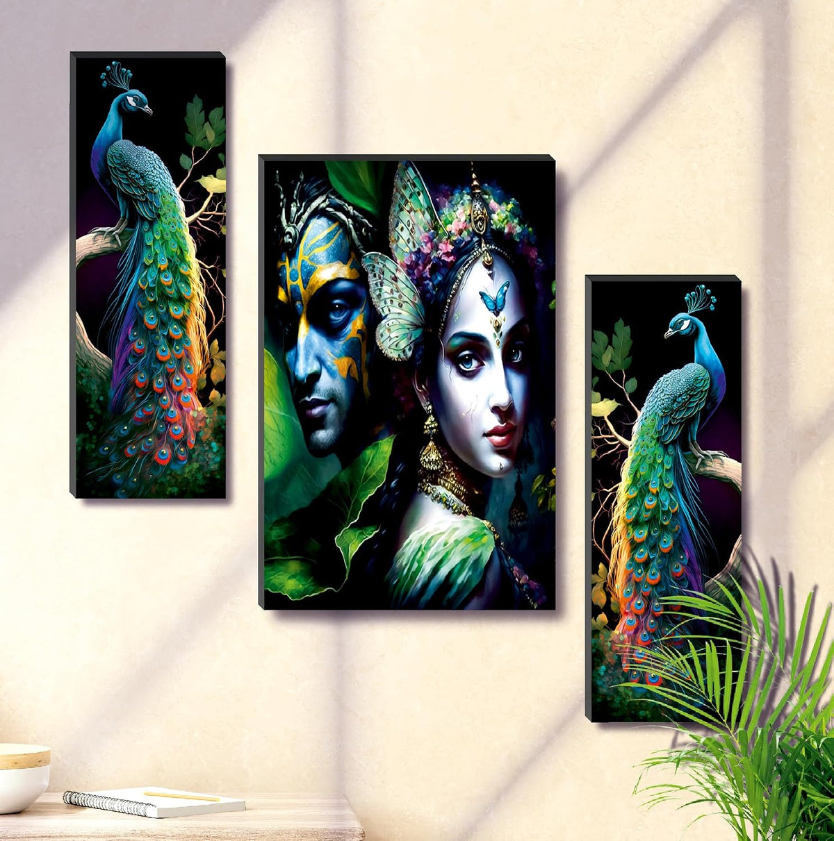 Radha Krishna & Vibrant Peacock Wall Art – 3-Panel UV-Printed Spiritual Forest Triptych | Ready-to-Hang Home & Pooja Décor (20 Inch x 12 Inch) JM-35289