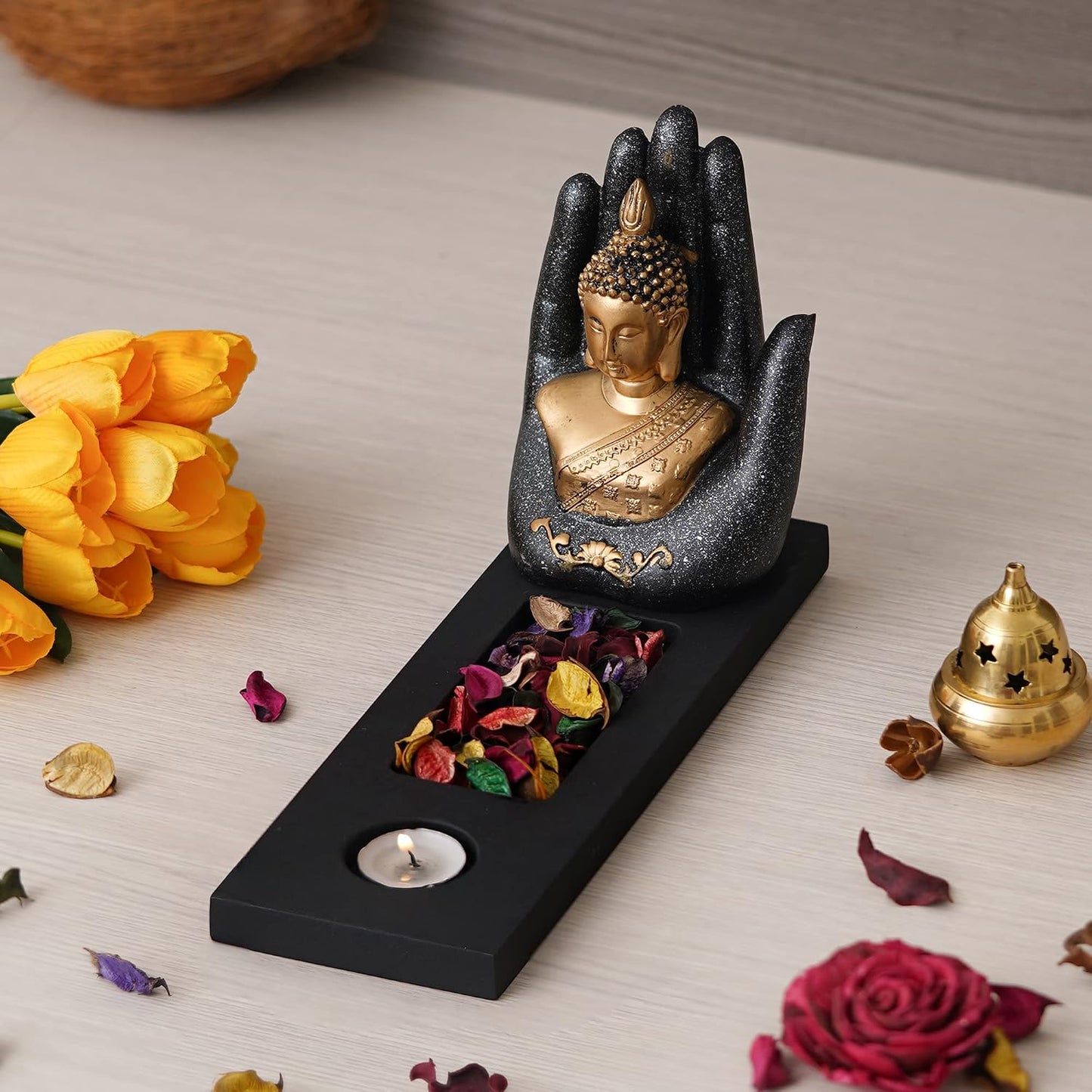 eCraftIndia Grey Golden Resin Palm Buddha Statue Tea Light Candle Holder | Lord Buddha Idol Tea Light Holder | Diwali Decoration Items for Home Decor | Buddha Showpiece Gift for Diwali Housewarming