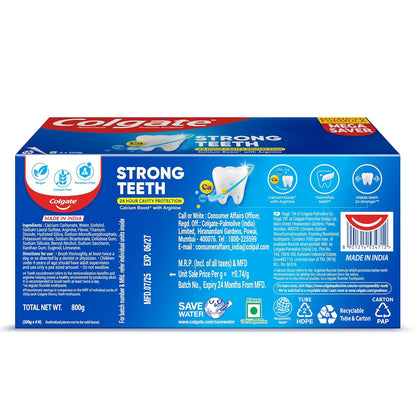 Colgate Strong Teeth Toothpaste 800g Calcium-boost Tooth Paste for 2X Stronger Teeth, Protects Enamel, Whitens Teeth, Fresh Breath & Prevents Cavities (Combo Multipack)