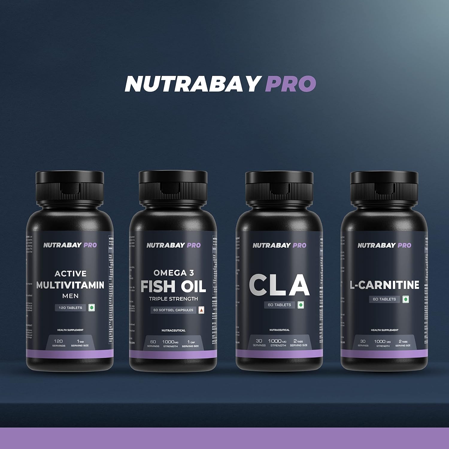 Four Nutrabay Pro supplement bottles on a dark background