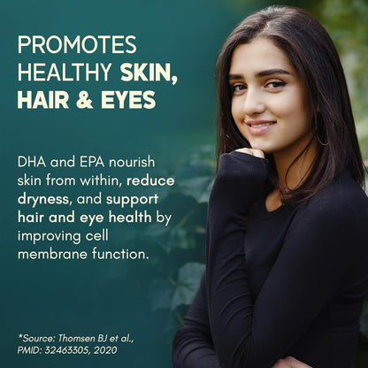 Woman with text promoting healthy skin, hair, and eyes with a green background
