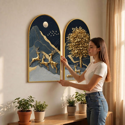 Set of 2 Golden Deer Wall Painting for Living Room, Moon Mountain Modern Artwork, PVC Golden Frame, Arch Shape Wall Decor for Bedroom, Hall, Office & Gift (30 x 32 Inch) RPNL-02-119
