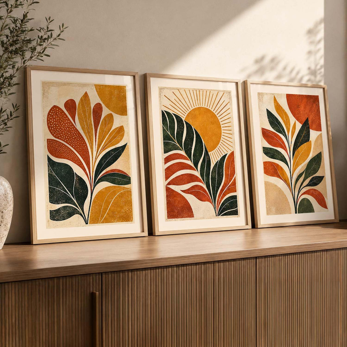 Aesthetic BOHO Art | Minimalist BOHO Wall Paintings with Frame for Home Living Room Bedroom Hotel Decoration | Digital Reprint Set of 3 | 13X17 Inch