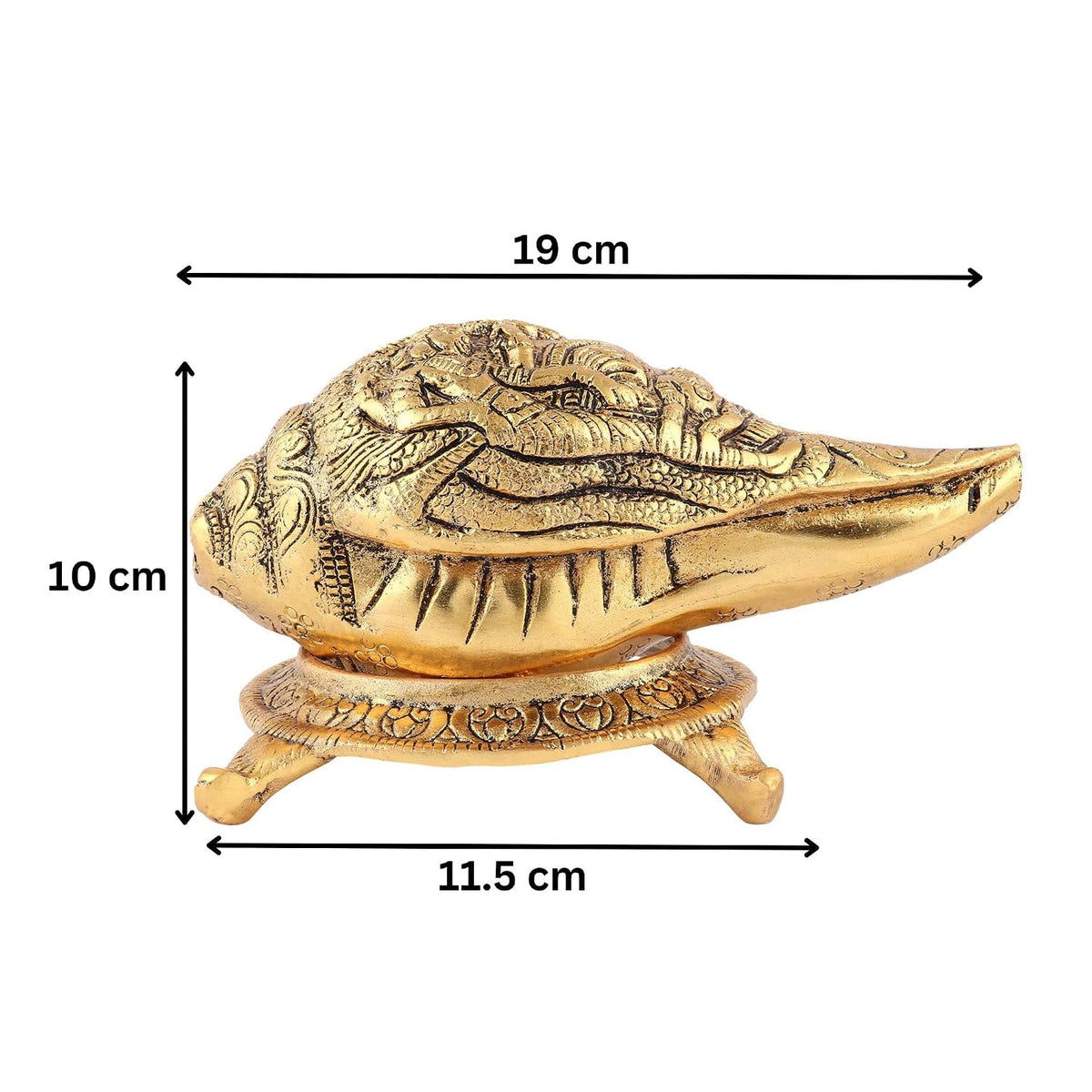 Kalakriti Lord Vishnu Laxmiji and SheshNaag Carving Antique Brass Finish Gold Plated Shankh Showpiece with Stand| Conch for Temple| Vastu Decorative Items Sankh for Home |Religious Diwali Gift 1 pc