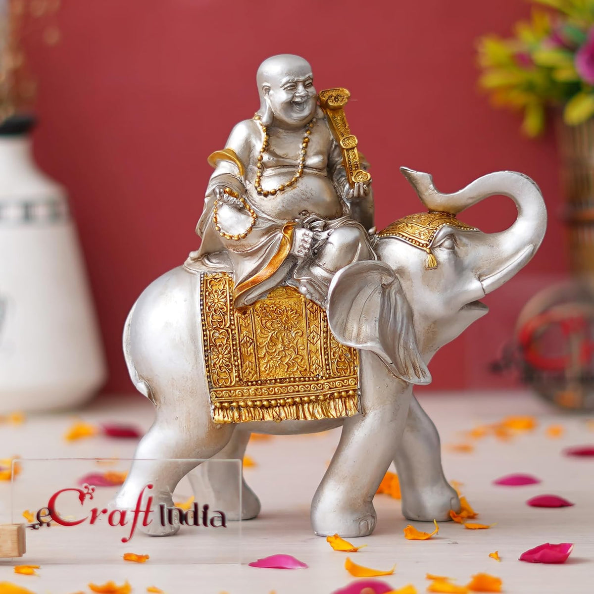 Silver Golden Resin Laughing Buddha Statue Seating on Elephant Figurine Showpiece for Home Decor Living Room Bedroom Laughing Buddha for Good Luck Money| Gift for Birthday Friendship Day