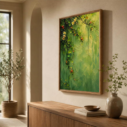 Green Floral Vine Wall Painting for Living Room Bedroom Hall Office Decor, Abstract Leaf Artwork with Sparkle Laminate and Premium Wooden Synthetic Frame (13.5 x 19.5 Inch) NM01-4111