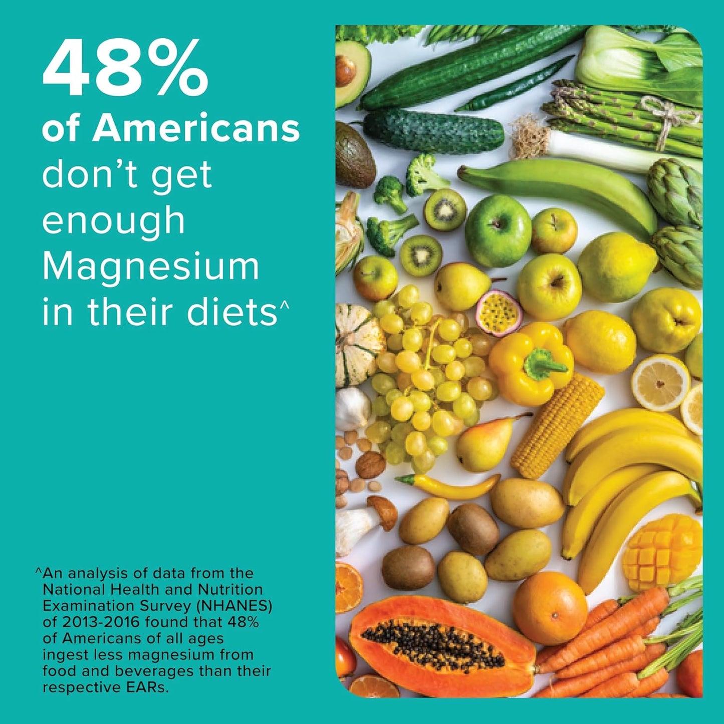 Vibrant display of fruits and vegetables with text about magnesium deficiency in diets.