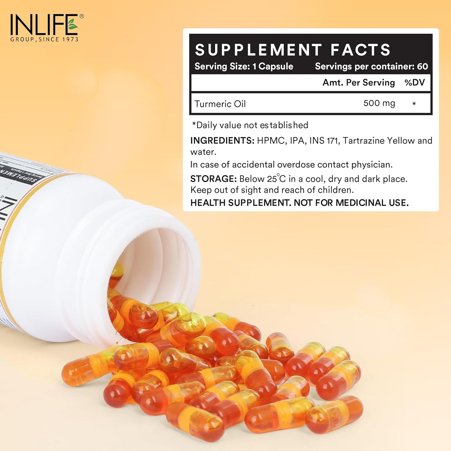 INLIFE Turmeric Oil Capsules, Faster Absorption than Extract, Antioxidant & Natural Detoxifier Supplement for Men & Women, 500mg – 60 Liquid Filled Vegetarian Capsules (Pack of 1)