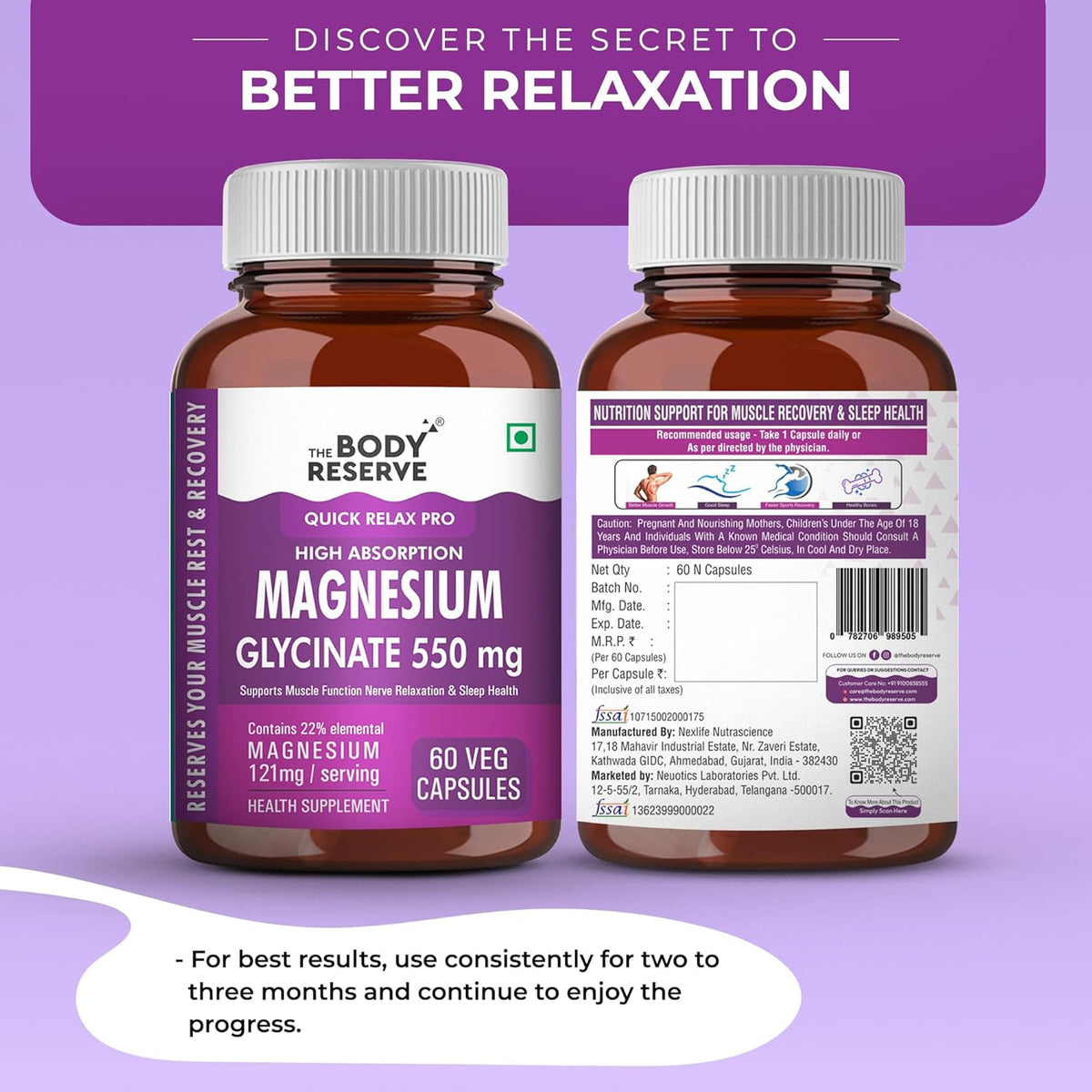 Two bottles of The Body Reserve Magnesium Glycinate supplement on a purple background with text about better relaxation.