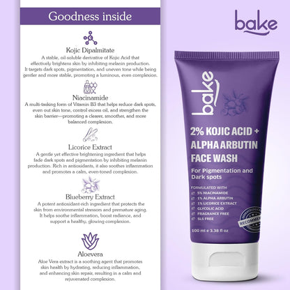 BAKE 2% Kojic Acid Brightening Face Wash Dual Action Formula with Alpha Arbutin & Niacinamide | De-Tan Wash | For Pigmentation, Dark Spots & Tan Removal | Anti Pigmentation Daily Wash - 100ml