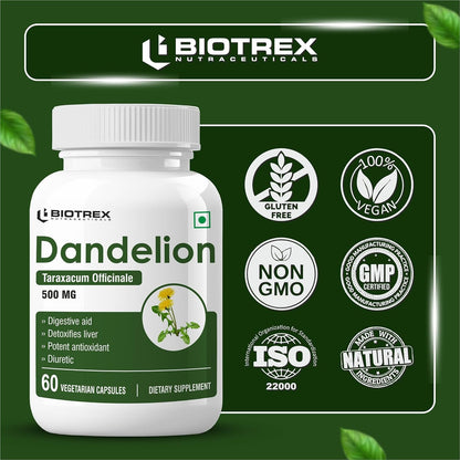 Biotrex Nutraceuticals Dandelion 500mg | Natural Diuretic & Antioxidant | Liver Support and Body Detox | Supports Digestion | Regulates Glucose Levels | 60 Veg Capsules