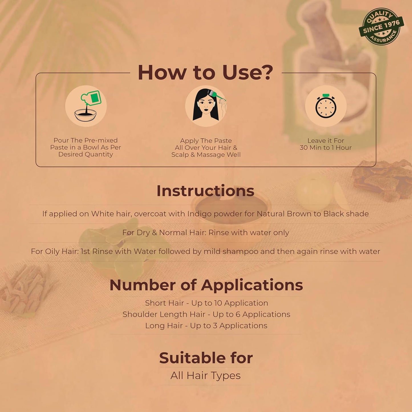 Instructions on how to use a hair treatment product with text and icons on a brown background.