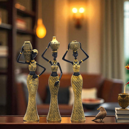 Vibrant Beautiful Finish Uniquely Hand Crafted Home Decor African Tribal Women Art Piece (Set of 3)