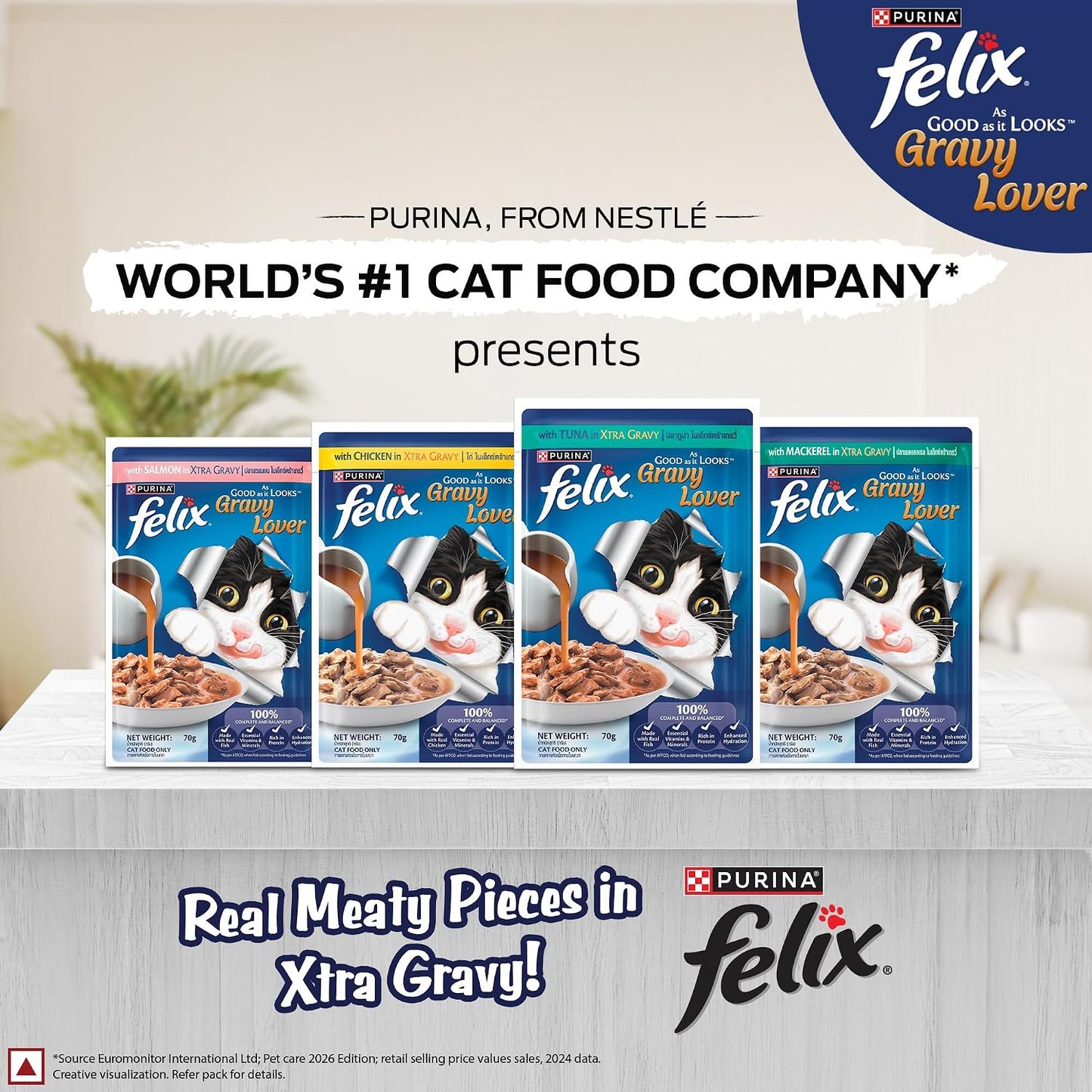 Purina Felix Tuna Gravy Lover, Wet Food for Adult Cats, 70g Pouch | With Tuna in Gravy, Tasty Meaty Chunks, 100% Complete & Balanced Nutrition, Vitamins D & E, Omega 6, Essential Minerals
