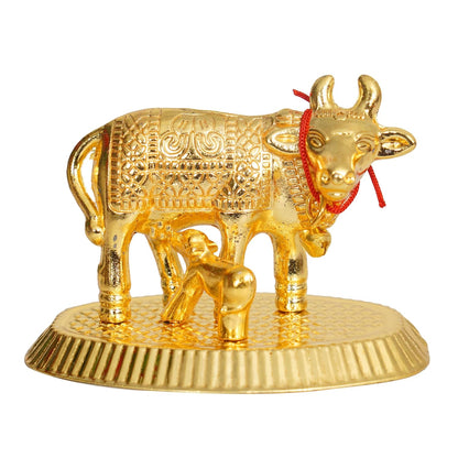 Oxidized Metal Religious kamdhenu Cow with Calf Handmade Handicraft Idol for Home Decor Gift Item