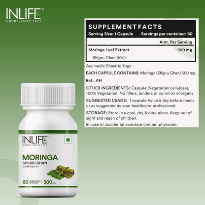 INLIFE Moringa Capsules 500mg | Leaf Extract (10:1) Powder Supplement | Water Distillation Extraction | Quick Absorption than Tablet - 60 Vegetarian Capsules (Pack of 1, 60)