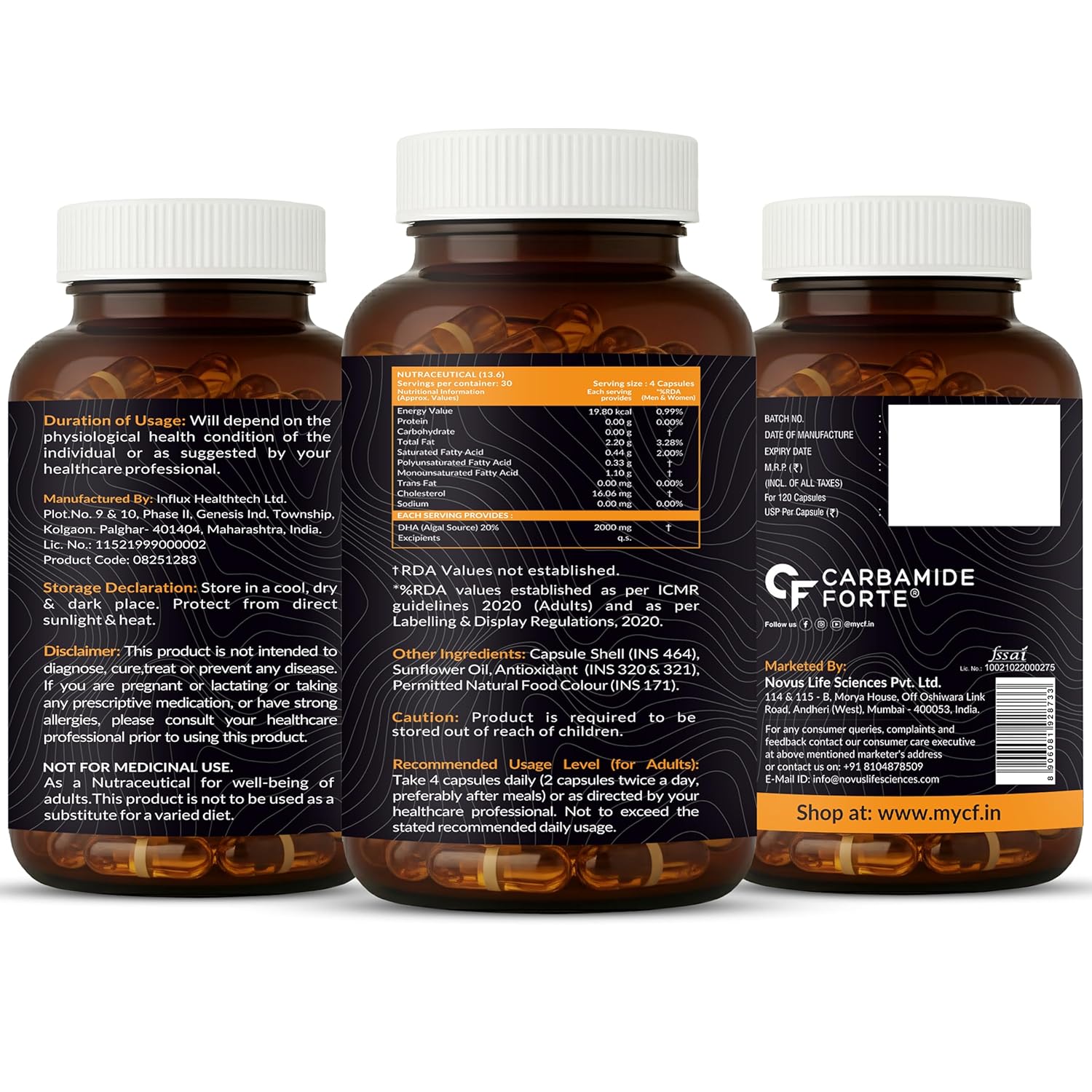 Three bottles of Carbamide Forte with labels on a white background