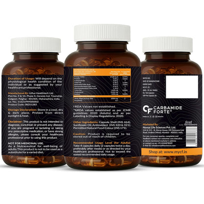 Three bottles of Carbamide Forte with labels on a white background