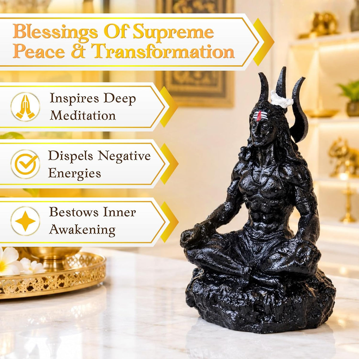 Black Shiva Car Dashboard Idol, 9 cm Mahadev Shiv Ji Resin Statue, Hand-Painted Lord Shiva Idol for Car, Home Mandir, Office & Spiritual Decor