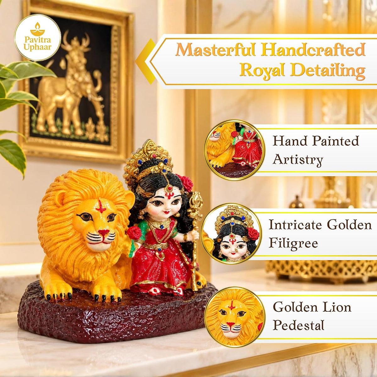 Bal Durga Idol, 8 cm Hand Painted Resin Maa Durga Murti with Lion, Trishul & Traditional Details, Durga MATA Statue for Home Mandir, Pooja Room, Car Dashboard & Decor