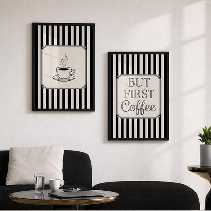 But First Coffee Wall Art Set of 2 Framed Paintings | Black White Striped Coffee Poster Kitchen Café Décor | Home Office Wall Décor (Art 20, 10x13 Inches, Black)