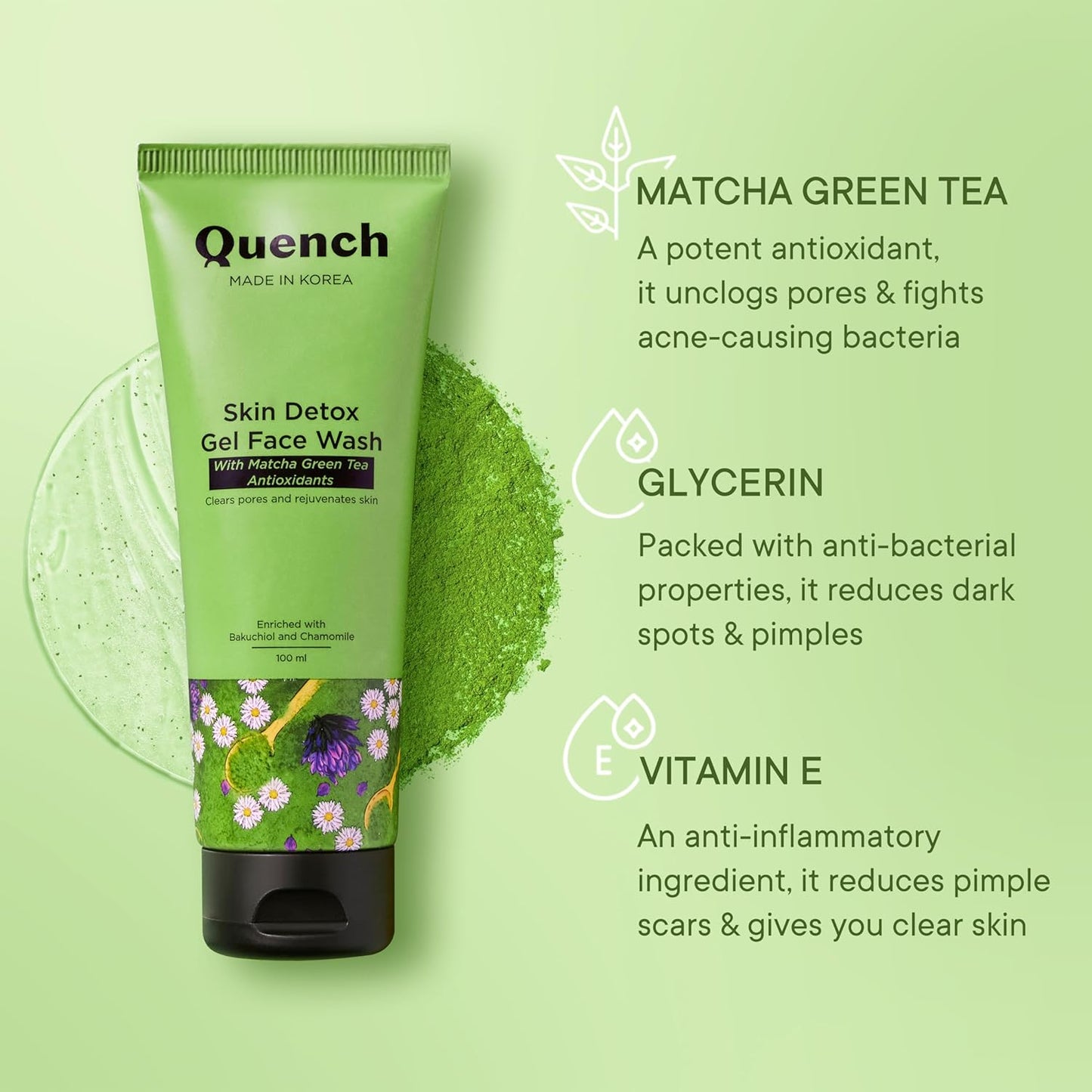 QUENCH BOTANICS Skin Detox Gel Face Wash with Matcha Green Tea Anti-Oxidants | Korean Face Wash for Oily & Acne-Prone Skin | Made in Korea (100ml)