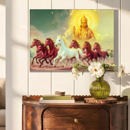 Shurya Dev 7 Running Horses Canvas Wall Art Painting For Living Room, Seven Horse Vastu Painting For Home, Office and Bedroom, Stretched Canvas (16x22 Inch)