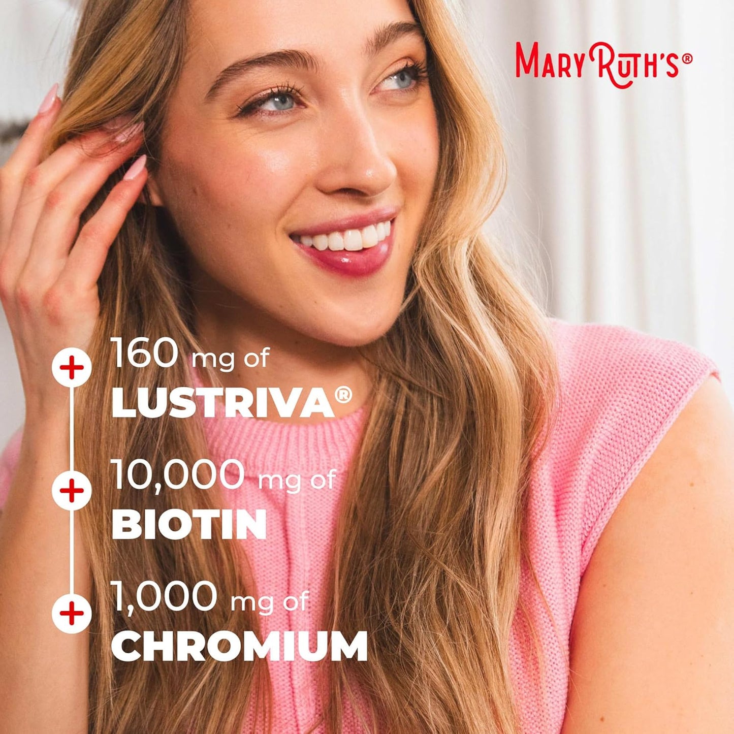 Woman with long blonde hair and a pink top, featuring nutritional information about a product on a white background.
