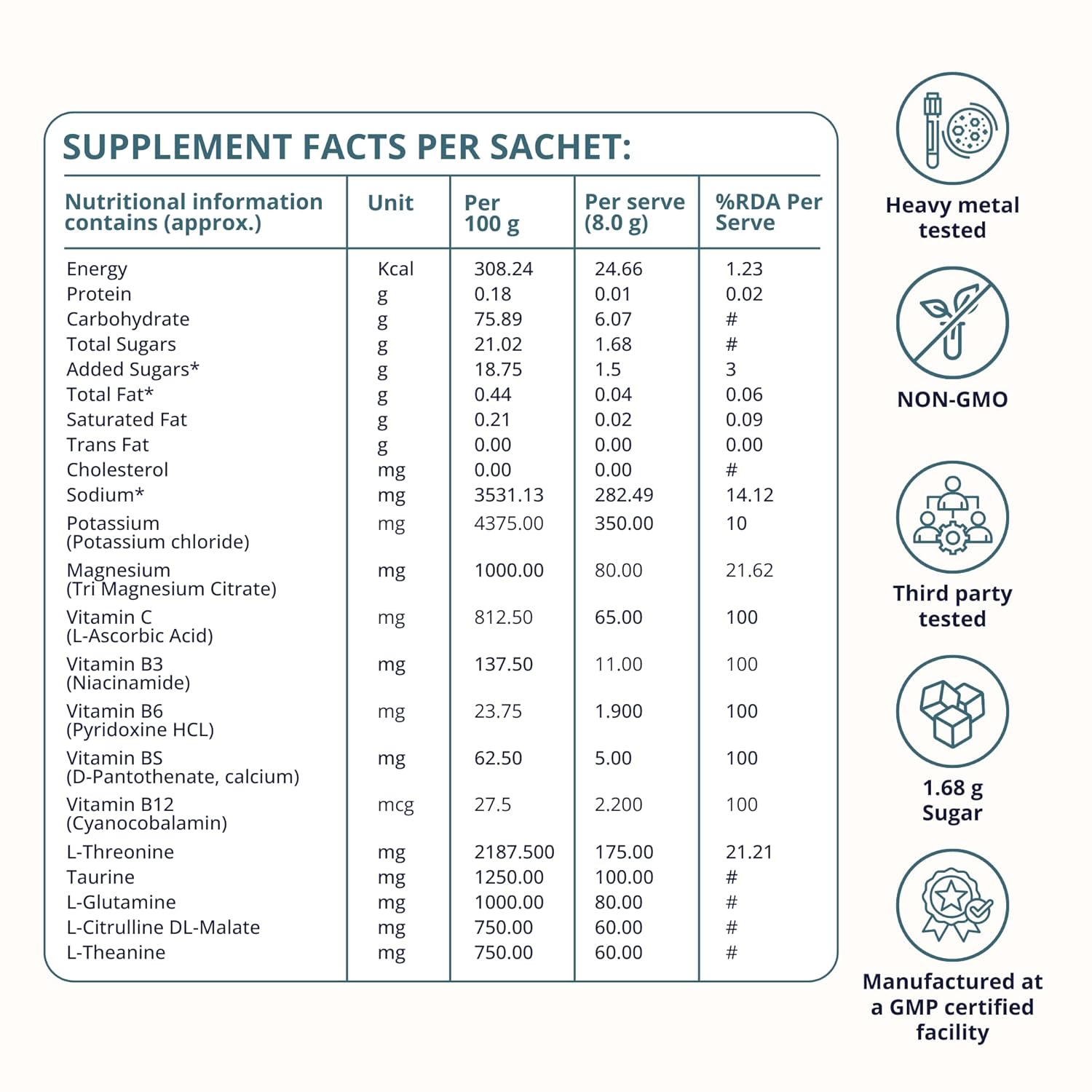Supplement facts per sachet with nutritional information and certification logos on a white background
