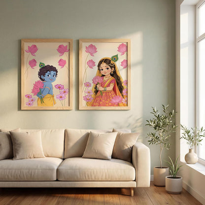 Baby Krishna Radha Wall Art Painting | Set of 2 Framed Paintings | Radha Krishna Decor for Living Room Bedroom Pooja Room | (ART 11, 13x19 INCHES)