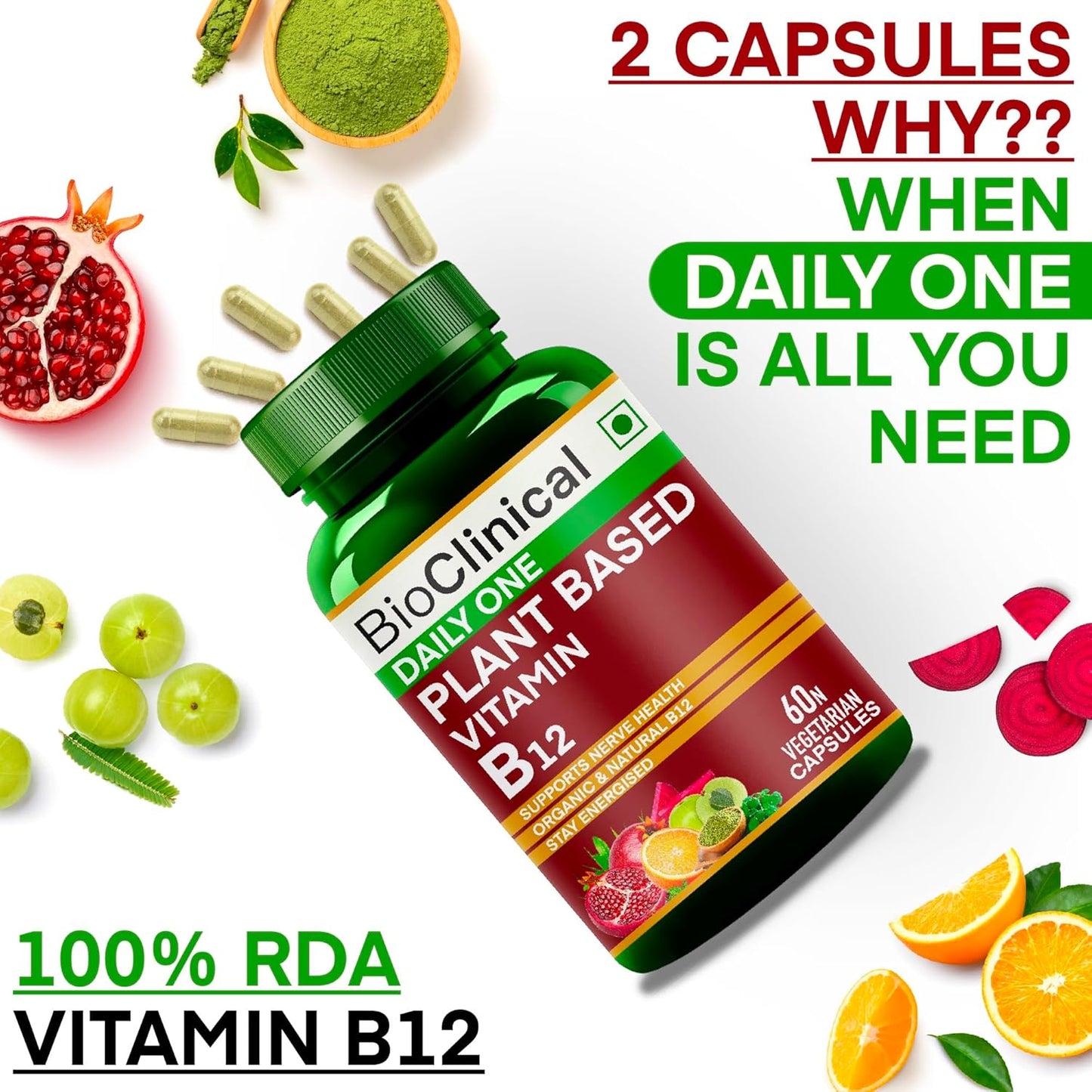 BioClinical Plant Based Vitamin B12 Supplement for Men & Women -2 Months- Organic Vit B 12 - Nature made Ayurvedic Rasayana & Green Food -For Stress In Life,Nerve & Brain Health -60 vegan capsules